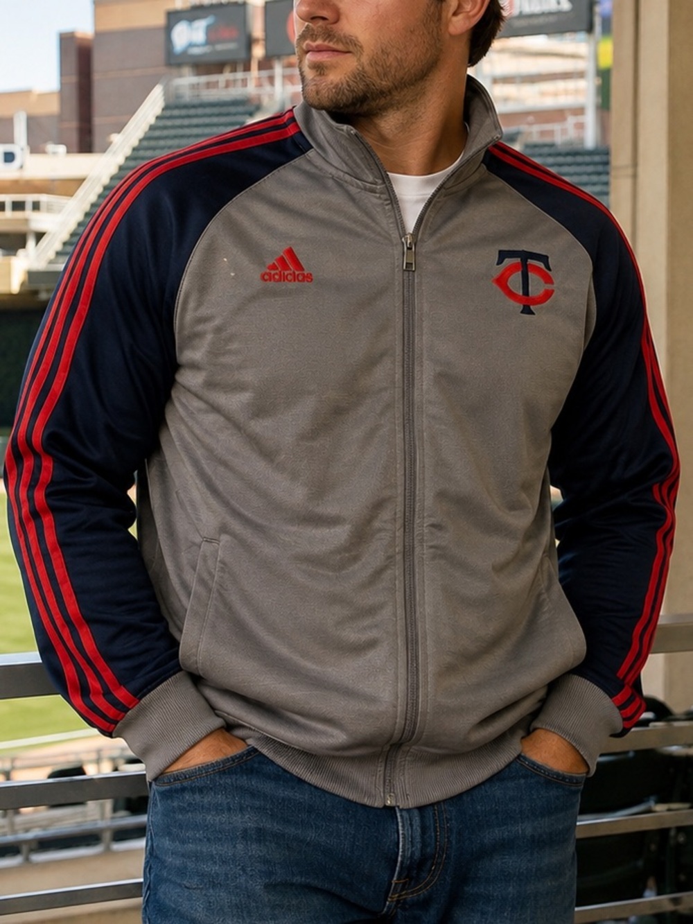 Adidas Minnesota Twins Track Jacket Men’s XL Gray Navy Red MLB Full Zip